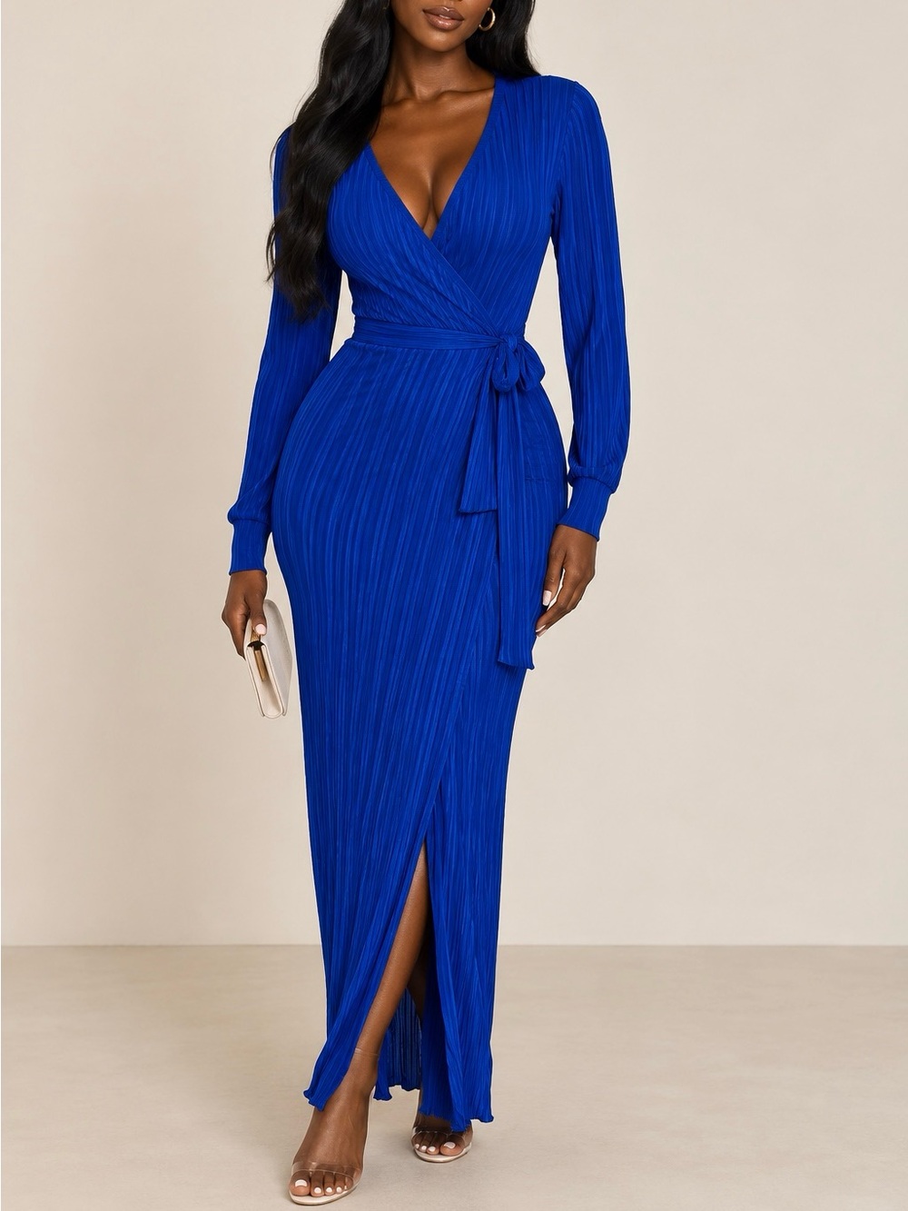 Pretty Little Thing Blue Pleated Wrap Long Sleeve Dress